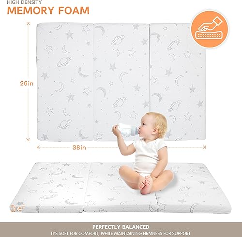 Trifold Pack and Play Mattress for Baby and Toddlers - 38'x26'x1.5', Breathable Pack N Play Mattress, Portable Crib Mattress with Carry Bag, Washable Cover Playpen Mattress for Travel - Jamouz