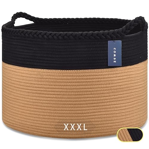 COMSE Extra Large Blanket Basket, Storage Basket, Laundry Basket, 21.7”x 13.8”, Laundry Hamper, Cotton Rope Basket, Blanket Basket Living Room, Toy Basket (White & Cadet Blue & Navy Blue) - Jamouz