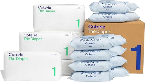 Coterie Baby Diapers + Wipes Baby Kit, Size 1 (99 Count) Size 2 (186 Count) 4 Wipe Packs (224 Wipes) Made with Plant Derived Fibers, Hypoallergenic, Designed for Sensitive Skin, Clean Ingredients - Jamouz