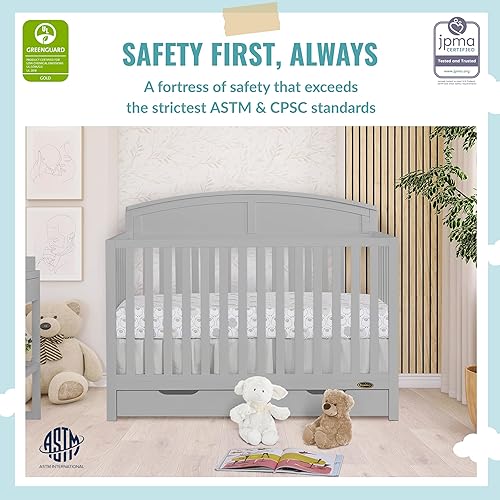Storybrooke 5 in 1 Convertible Crib with Under Drawer in Pebble Grey, JPMA & Greenguard Gold Certified, Made of Sustainable Pinewood, Non-Toxic Water-Based Paint Finish - Jamouz