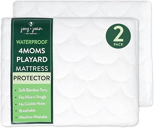 Joey + Joan Waterproof Pack and Play Mattress Pad Protector Cover – Compatible with 4moms Breeze Plus Playard, Baby Trend, Dream on Me, Pamo Babe – 2 Pack Quilted Bamboo Playard Sheets – 30' x 43' - Jamouz