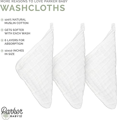 Parker Baby Washcloths - 6 Pack of 100% Cotton Muslin Wash Cloths - Soft, Absorbent and Natural - White - Jamouz