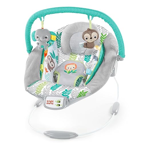 Bright Starts Comfy Baby Bouncer Soothing Vibrations Infant Seat - Taggies, Music, Removable -Toy Bar, 0-6 Months Up to 20 lbs (Whimsical Wild) - Jamouz