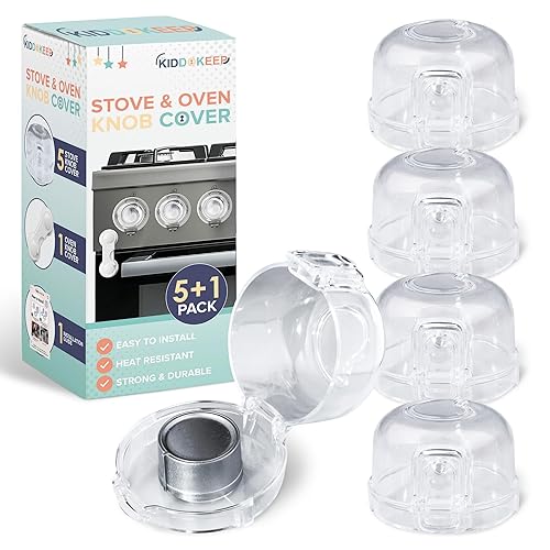 Child Proof Stove Knob Covers (Pack of 5) & Oven Lock - Double Key Design Standard Size 2.1'High x2.4'Wide Stove Knob Covers for Child Safety - Stove Knob Locks for Gas Or Electric Burners- Clear - Jamouz