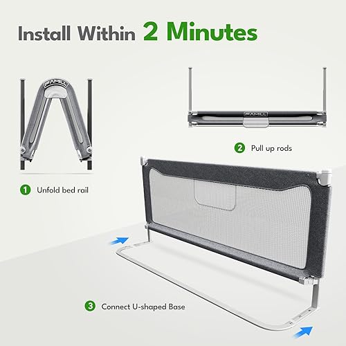 FAMILL Bed Rail for Toddlers, 2 Minutes Assembly Foldable Guard for Baby, Toddler Bed Rails Suitable for Queen/King/Full/Twin Size, Grey, 78.7', 1 Side - Jamouz
