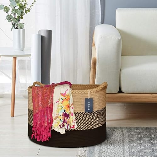 COMSE Extra Large Blanket Basket, Storage Basket, Laundry Basket, 21.7”x 13.8”, Laundry Hamper, Cotton Rope Basket, Blanket Basket Living Room, Toy Basket (White & Cadet Blue & Navy Blue) - Jamouz