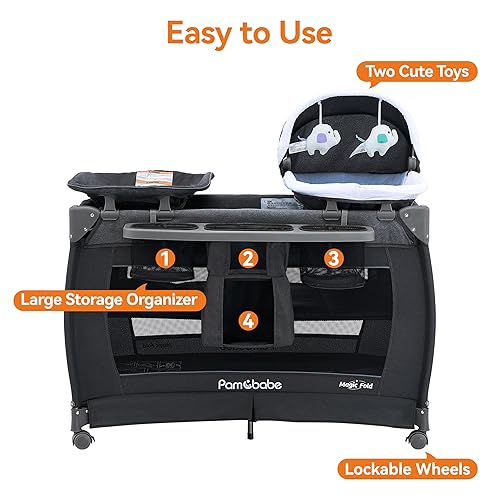 Pamo Babe 3-in-1 Baby Playard, Basic Magic Fold Nursery Center with Zip Door & Changing Table, One Second to Set Play Yard - Jamouz