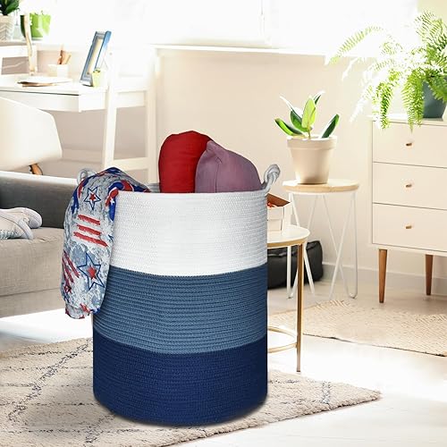 COMSE Extra Large Blanket Basket, High Storage Basket, Tall Rope Laundry Basket, 15.7”x 21.7”, Cotton Rope Basket, XXXL Laundry Basket, Toy Basket, Clothes Baskets,White/Cadet Blue/Navy Blue - Jamouz