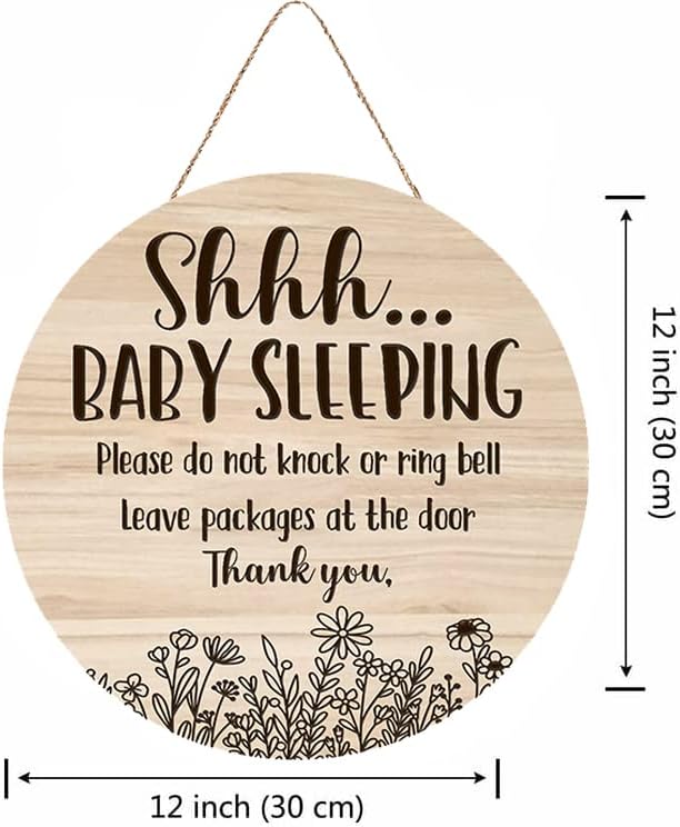 Shhh... Baby Sleeping Hanging Sign Plaque, Do Not Knock Or Ring The Bell, Round Sturdy Wooden Door Hanger for Baby Room, Nursery, Kindergarten, Bedroom, Door Knob Decor 12In - Jamouz