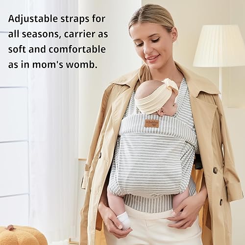 Baby Wraps Carrier Newborn to Toddler, Kangaroo Baby Easy Wearing Wrap, Adjustable Soft Baby Holder Front Chest Sling Carriers Perfect Baby Infant Essentials Gifts (Striped Grey, Cotton) - Jamouz