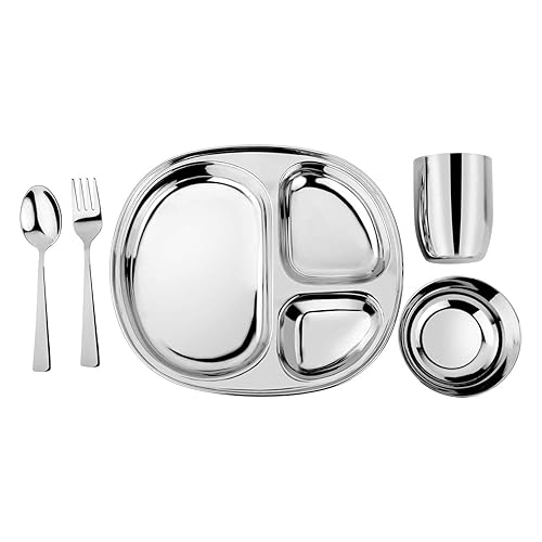 Ahimsa Stainless Steel Kids Dinnerware Set - 5 Piece Stainless Steel Toddler Plates and Bowls Set, Pediatrician Designed, Non Toxic Toddler Plate and Bowl, Kids Utensils and Cup (Rainbow) - Jamouz