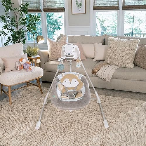 Ingenuity InLighten 5-Speed Baby Swing - Swivel Infant Seat, 5 Point Safety Harness, Nature Sounds, Lights - Nally Owl - Jamouz