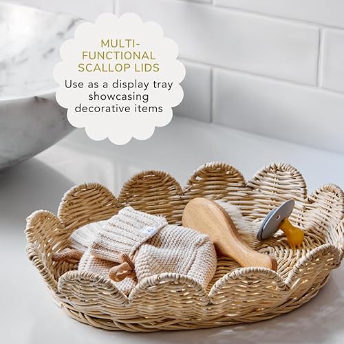 The Original Scalloped Basket Set Of 2 - Small Scallop Basket - 15 x 10 x 6 In - Hand-Woven & Award-Winning - Elegant Wicker With Scalloped Edge Lid - Nursery Storage - (Mocca) - Jamouz