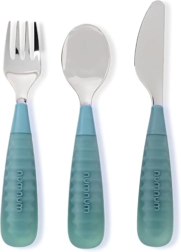 NumNum Toddler Utensils Set, 4th Stage Kids Silverware for 2+ Years, Pre-Spoon, Fork, GOOtensils with Stainless Steel Heads, BPA-Free Silicone Toddler Feeding Essentials, 2-Pack Blue - Jamouz