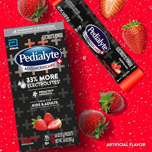 Pedialyte AdvancedCare Plus Electrolyte Powder, with 33% More Electrolytes and PreActiv Prebiotics, Strawberry Freeze, Hydration Drink Powder Packets, 0.6 oz, 6 Count - Jamouz