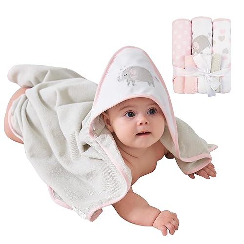 Viviland Baby Towels and Washcloths, Soft Absorbent Pink Baby Bath Towel Set, Elephant Hooded Towels with 5 Infant Face Washcloths (6 Pieces) - Jamouz