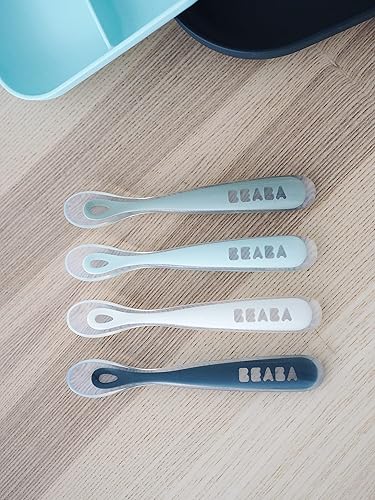 BEABA Baby's First Foods Spoon Set, Original Silicone Baby Spoons, Baby Essentials, Baby Spoons, Pack of 4 Baby Gift Set, BPA Lead & Phthalate Free, Rain - Jamouz