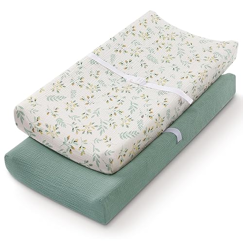 Blissful Diary Muslin Changing Pad Cover for Girls Boys, Ultra Soft Breathable Cotton, Baby Diaper Change Table Pad Covers, 2Pack (Roman Green&Leaf) - Jamouz