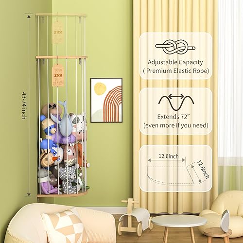 Stuffed Animal Storage for Plushie Toys - Large Wood Corner Hanging Pet Storage with Sky Pattern, Length Adjustable Toy Organizer Shelf for Nursery Play Room Bedroom Kid Room - Jamouz