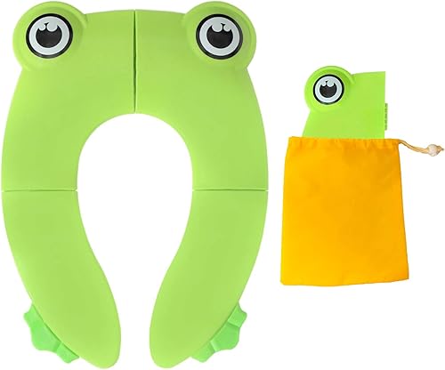 Toilet Potty Training Seat Cover, Travel Toilet Seat, Folding Non Slip Silicone Pads, Travel Portable Reusable Kids Toddlers Boys Girls, Carry Bag (Green - Frog) - Jamouz
