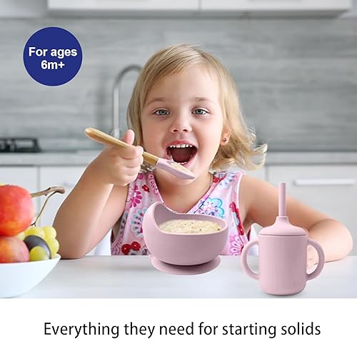 Silicone Baby Feeding Set 14 Pcs,Baby Led Weaning Supplies, Baby Spoons Suction Bowl Divided Plate Bib Cup Finger Brush,First Stage Solid Food Eating Utensils - 6+ Months(Blue Gray) - Jamouz