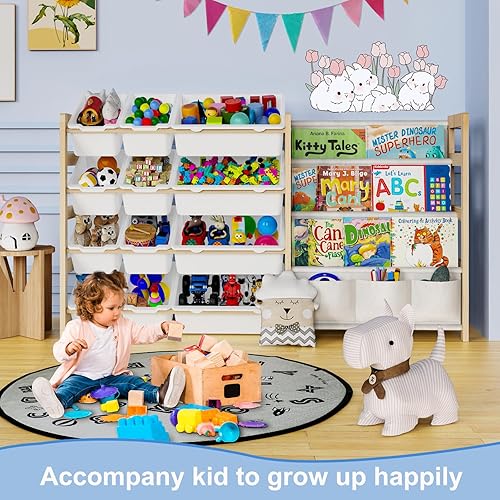 Large Toy Storage Organizer with 12 Toy Bins, Toy Organizers and Storage with 4 Tier Bookshelf for Kids Room, Playroom, Nursery Room - Jamouz