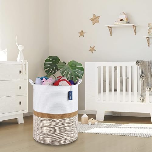 COMSE Extra Large Blanket Basket, High Storage Basket, Tall Rope Laundry Basket, 15.7”x 21.7”, Cotton Rope Basket, XXXL Laundry Basket, Toy Basket, Clothes Baskets,White/Cadet Blue/Navy Blue - Jamouz