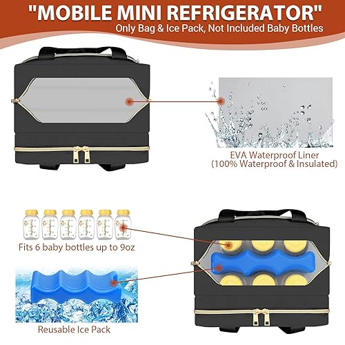 PIIOSER Breastmilk Cooler Bag with Ice Pack, Fits 6 Baby Bottles Up to 9 Ounce, Insulated Bottle Travel Bags with Shoulder Strap-Wearable Breast Pump Carrying Case for Nursing & Working Moms, Black - Jamouz