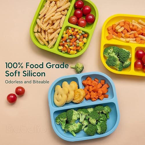 BABELIO Powerful Suction Plates for Baby and Toddler, 100% Food Grand Silicone, Divided, BPA Free, Microwave & Dishwasher Safe, Stay Put, 3 Pack - Jamouz