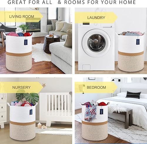 COMSE Extra Large Blanket Basket, High Storage Basket, Tall Rope Laundry Basket, 15.7”x 21.7”, Cotton Rope Basket, XXXL Laundry Basket, Toy Basket, Clothes Baskets,White/Cadet Blue/Navy Blue - Jamouz