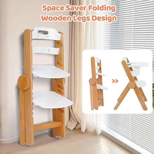 Ezebaby Wooden High Chair Grow with Your Child, Foldable Baby High Chair with Adjustable Seat and Footrest Heights, High Chair for Babies and Toddlers with Cushion and Large Double Layer Tray(White) - Jamouz