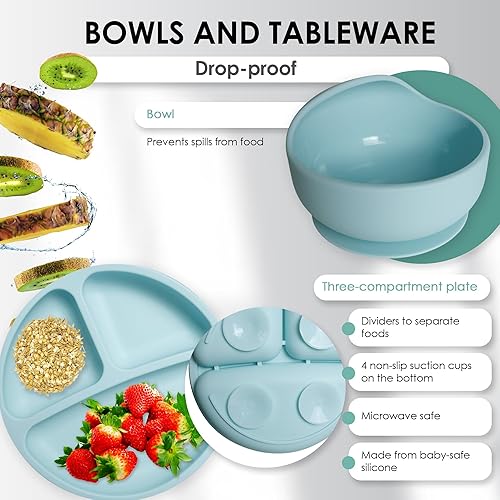 Bluet B- Silicone Baby Feeding Set - Baby Led Weaning Supplies - Baby Spoons, Suction Bowl - Plate - Baby Utensils Set - Silicone Feeding Set for Baby First Foods, Infant Eating - 8pcs - Purple - Jamouz