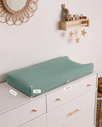 Blissful Diary Muslin Changing Pad Cover for Girls Boys, Ultra Soft Breathable Cotton, Baby Diaper Change Table Pad Covers, 2Pack (Roman Green&Leaf) - Jamouz