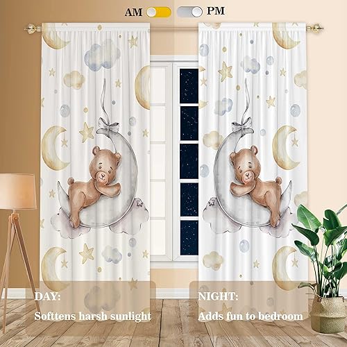 82' Wx 84' L Cartoon Lovely Bear Moon and Stars Window Curtains for Baby Room Bedroom Nursery Home Decor Decorations with Fabric Machine Washable - Jamouz
