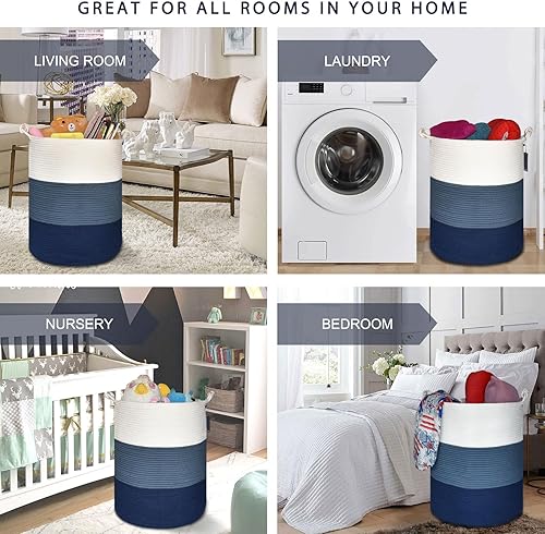 COMSE Extra Large Blanket Basket, High Storage Basket, Tall Rope Laundry Basket, 15.7”x 21.7”, Cotton Rope Basket, XXXL Laundry Basket, Toy Basket, Clothes Baskets,White/Cadet Blue/Navy Blue - Jamouz