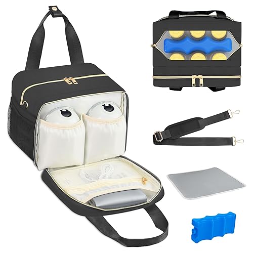 PIIOSER Breastmilk Cooler Bag with Ice Pack, Fits 6 Baby Bottles Up to 9 Ounce, Insulated Bottle Travel Bags with Shoulder Strap-Wearable Breast Pump Carrying Case for Nursing & Working Moms, Black - Jamouz