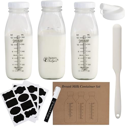 Breast Milk Pitcher | Set of 3 Glass Breastmilk Storage Bottles, Pour Spout & Silicone Spatula | Breast Milk Container w/ Chalkboard Labels & Pen | Ideal Breastmilk Storage Pitcher for Baby Shower - Jamouz
