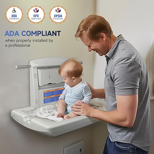 AIKE Commercial Horizontal Baby Changing Station, Wall Mounted Foldable Baby Diaper Changing Table ADA Compliant, Grayish White - Jamouz