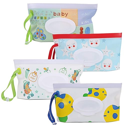 FEBSNOW 4 Pack Baby Wipe Dispenser, Portable Refillable Wipe Holder, Baby Wipes Container, Wipe Dispenser, Reusable Travel Wet Wipe Pouch (Geometric) - Jamouz