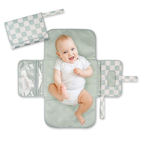 Tiny Twinkle Portable Diaper Changing Pad, Foldable Waterproof Baby Change Pad for Newborn Girl & Boy with Smart Wipes Pocket (Beige Checkers) - Jamouz