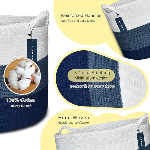 COMSE Extra Large Blanket Basket, Storage Basket, Laundry Basket, 21.7”x 13.8”, Laundry Hamper, Cotton Rope Basket, Blanket Basket Living Room, Toy Basket (White & Cadet Blue & Navy Blue) - Jamouz
