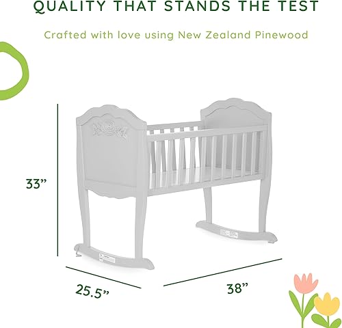Rose Cradle in Platinum, with 1' Mattress Pad, Easy to Assemble, JPMA Certified, New Zealand Pinewood Cradle, Stationary and Rocking Cradle - Jamouz