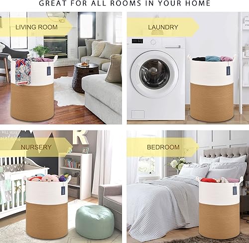 COMSE Extra Large Blanket Basket, High Storage Basket, Tall Rope Laundry Basket, 15.7”x 21.7”, Cotton Rope Basket, XXXL Laundry Basket, Toy Basket, Clothes Baskets,White/Cadet Blue/Navy Blue - Jamouz