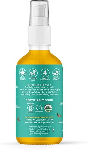Badger Baby Oil, 100% Organic Ingredients to Soften & Moisturize Dry Skin or Cradle Cap, Soothing Vegan Organic Baby Oil, 4 fl oz Glass Bottle - Jamouz