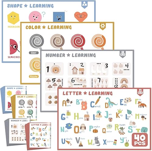 CUTE STONE Disposable Placemats for Baby and Kids, 40-Pack Sticky Toddler Placemats – Perfect for Restaurants, Dining Tables,Picnic, and Travel, 12' x 18' with 4 Fun and Educational Designs - Jamouz