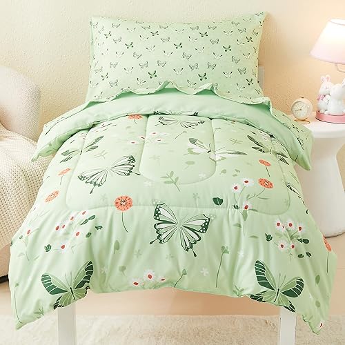 Mooreeke 4 Pieces Toddler Bedding Set - Soft Love Heart Toddler Comforter Sets for Girls, Includes Quilted Comforter, Flat Sheet, Fitted Sheet and Pillowcase, Bed in A Bag for Baby Bedroom - Jamouz