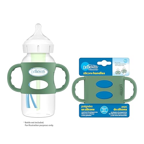 Dr. Brown's Milestones 100% Silicone Baby Bottle Handles, Wide-Neck, Removable Easy-Grip Transitional Sippy Cup Handles, Light Blue, Green, Gray, 4m+, 3 Pack - Jamouz