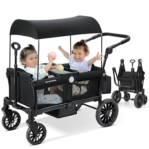 ELEMARA Wagon Stroller for 2 Kids, Premium All-Terrain Stroller Wagon, Collapsible Kids Wagon with Canopy, Adjustable Push/Pull Handle Bar, Comfortable drop-down footwell and Upholstered Seats, Black - Jamouz