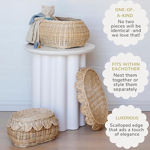 The Original Scalloped Basket Set Of 2 - Small Scallop Basket - 15 x 10 x 6 In - Hand-Woven & Award-Winning - Elegant Wicker With Scalloped Edge Lid - Nursery Storage - (Mocca) - Jamouz