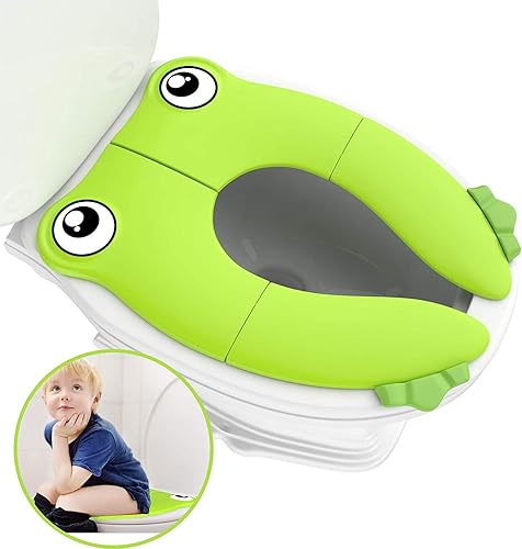 Toilet Potty Training Seat Cover, Travel Toilet Seat, Folding Non Slip Silicone Pads, Travel Portable Reusable Kids Toddlers Boys Girls, Carry Bag (Green - Frog) - Jamouz